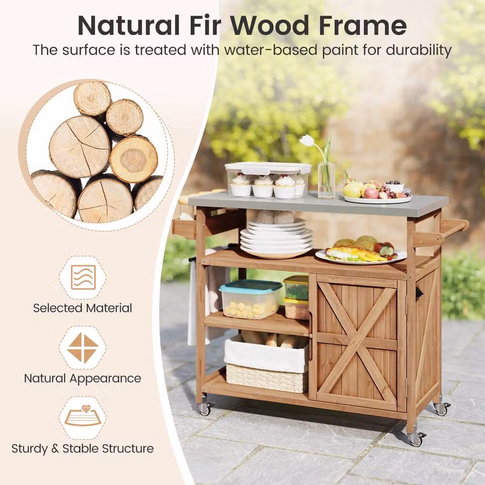 Gymax Brown Wooden Grill Cart with Stainless Steel Top and Casters, W/D/H: 118 x 47 x 92 cm – 5