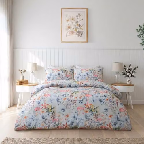 Portfolio Home Grace Floral Duck Egg Blue King Size Duvet Cover and Pillowcase Set