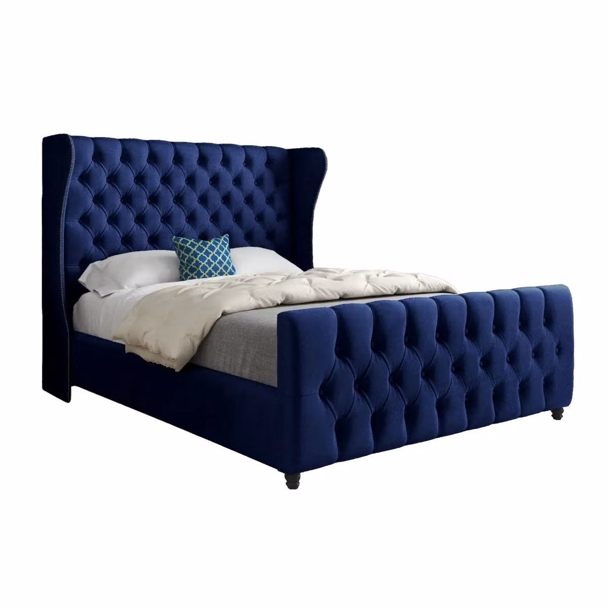 Casani Donati Upholstered Velvet Bed Frame in Blue, W/D/H: 120 x 137 x 128 cm – 5