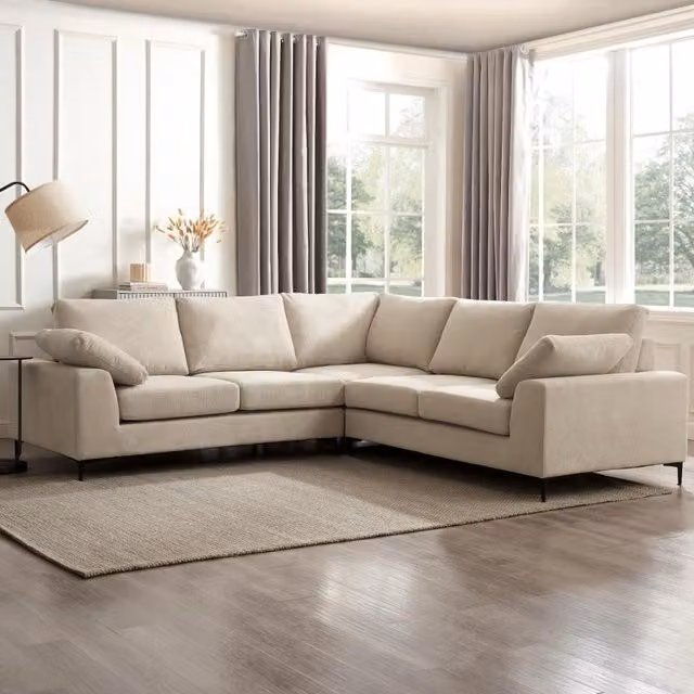 Nora L-Shape Corner Sofa in Beige Linen, Width: 266 cm