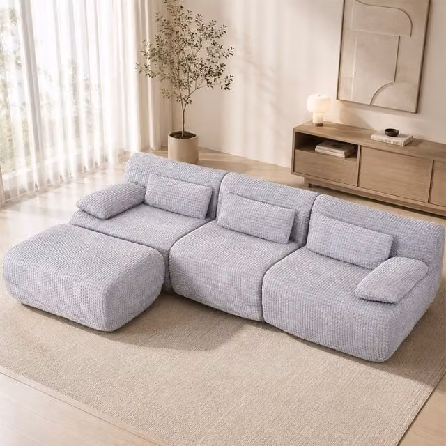 Mimo Modular Sofa Set with Curved Seat Design and Matching Ottoman in Grey Corduroy Fabric