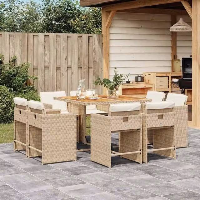 Berkfield Home 9 Piece Garden Dining Set with Beige Poly Rattan Cushions