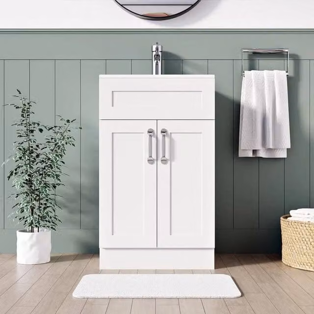 FORGEVIO Crawle White Glossy Freestanding Bathroom Vanity Unit with Basin and Cabinet – 1