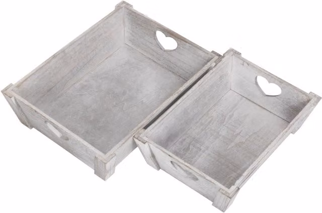 Set of 2 Red Hamper Wooden Trays with Vintage Heart Cut Handles in Grey and Red