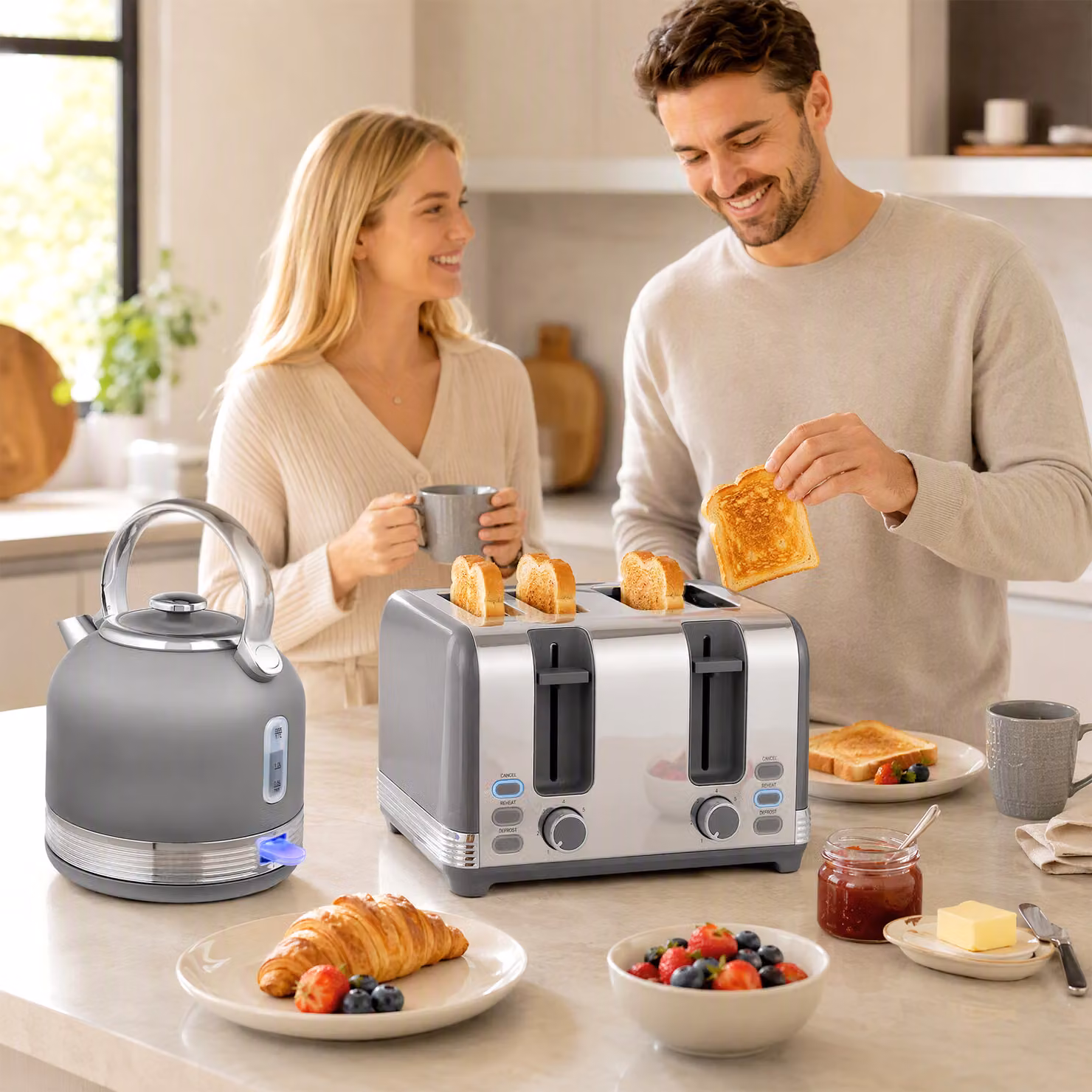 HOMCOM Stainless Steel Kettle and 4 Slice Toaster Set, Grey – 4