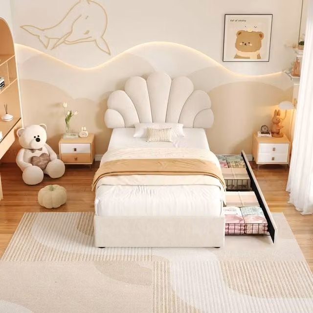 Merax Single Bed with Velvet Petal Shape Headboard and Drawers, Beige, 90 x 190 cm
