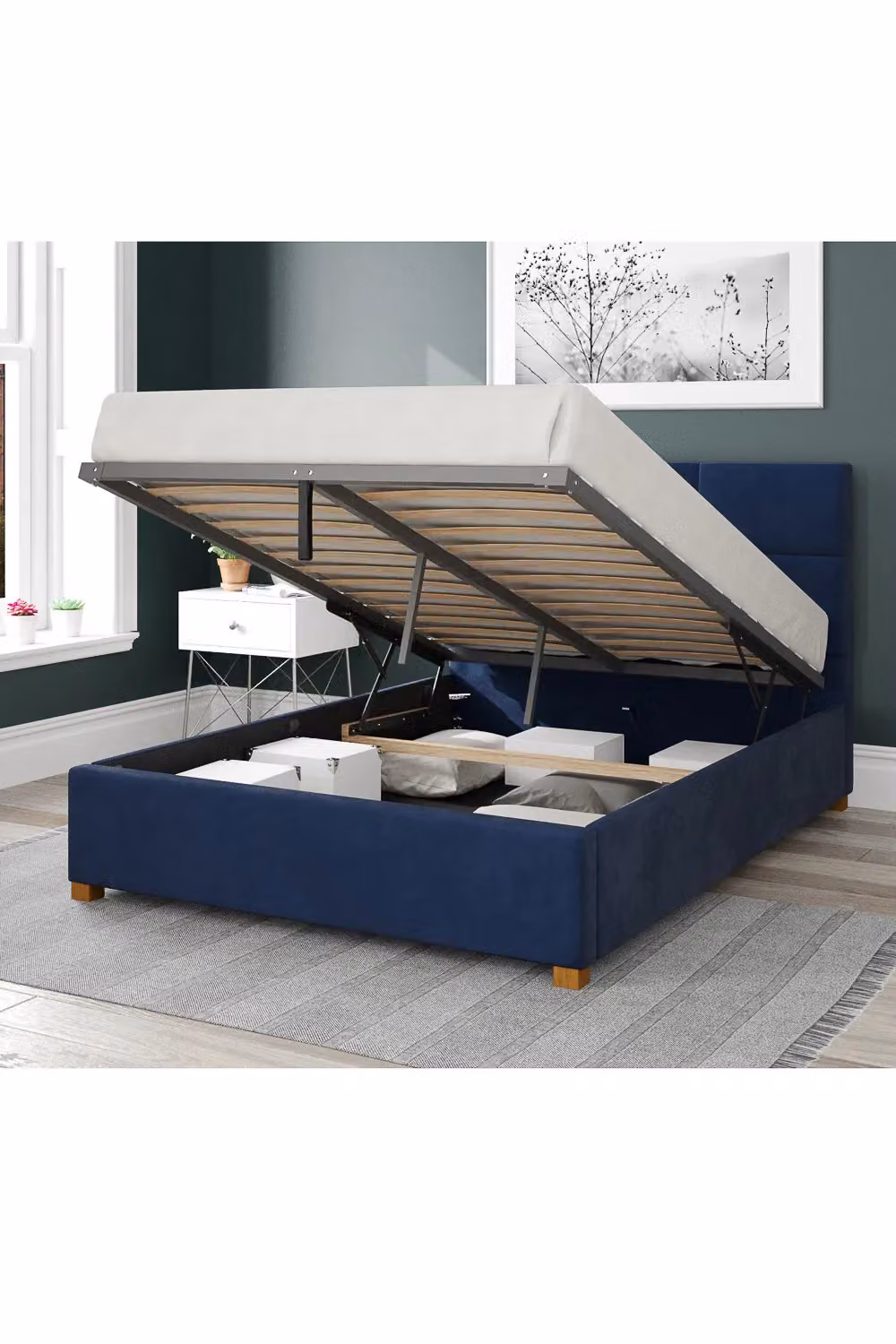 Aspire Caine Upholstered Ottoman Storage Bed in Navy Blue Velvet Fabric, W/D/H: 140 x 200 cm – 2