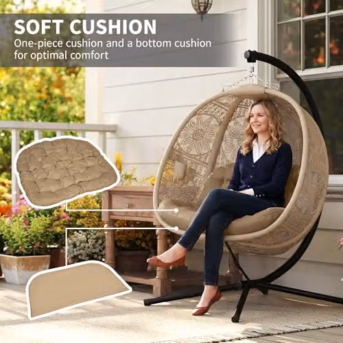 Outsunny Egg Hanging Swing Chair with Metal Stand and Cushions in Sand and Brown – 3