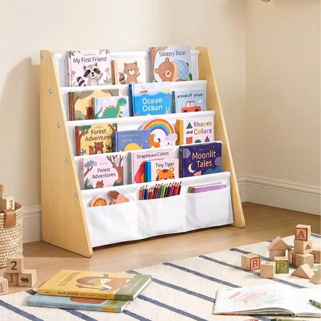 SONGMICS 4-Tier Sling Bookshelf and Kids Book Storage Organiser in Yellow and White
