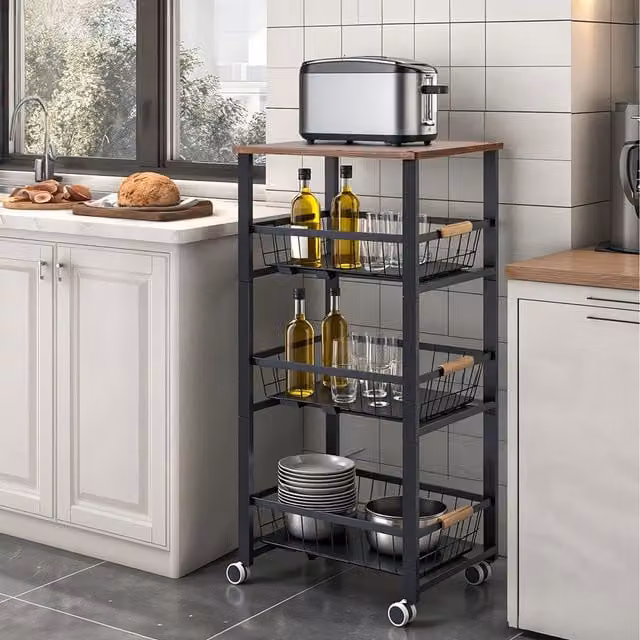 Livingandhome 4-Tier Modern Kitchen Storage Trolley in Black
