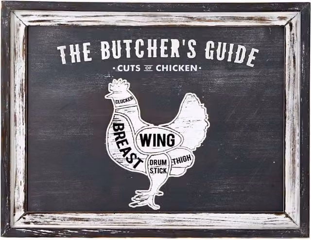 KDMK Butchers Cuts Chicken Vintage Typography Wood Wall Plaque in White and Black