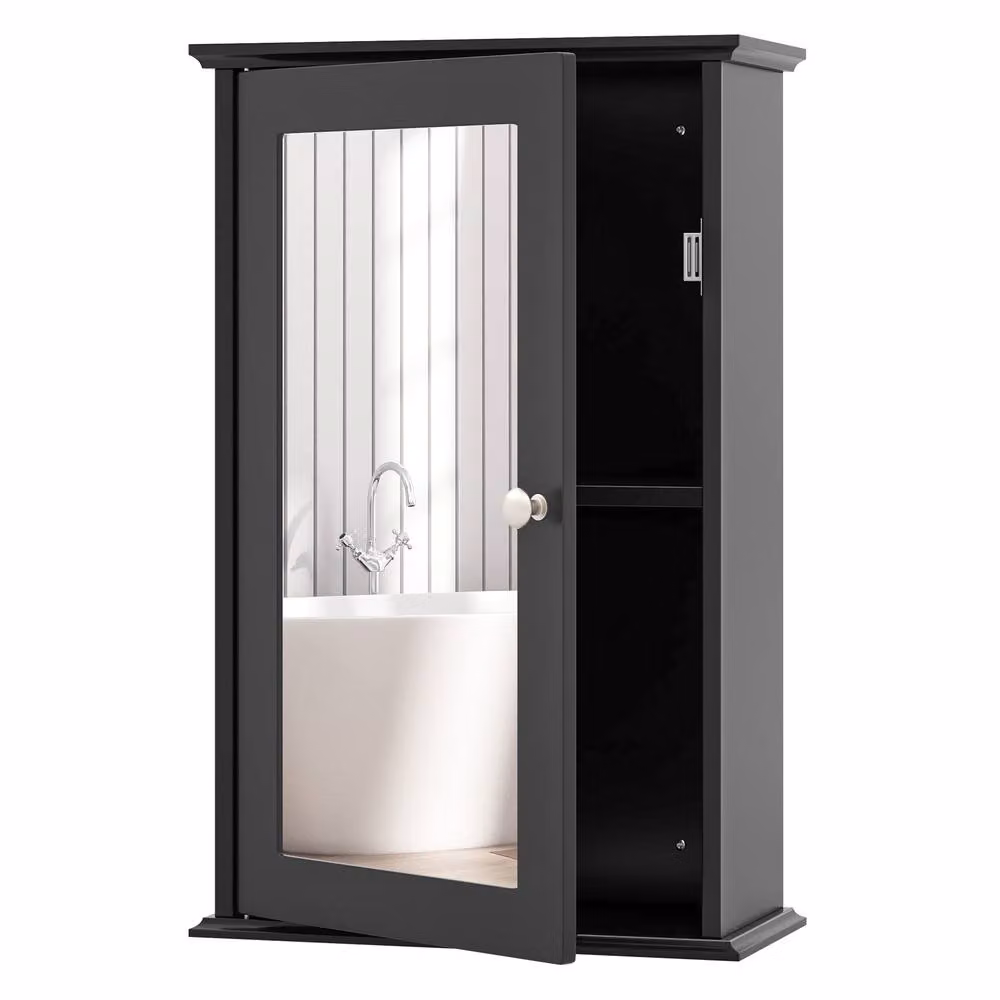 Gymax Black Lacquered Wall Mounted Medicine Cabinet with Mirror and Internal Shelves – 9
