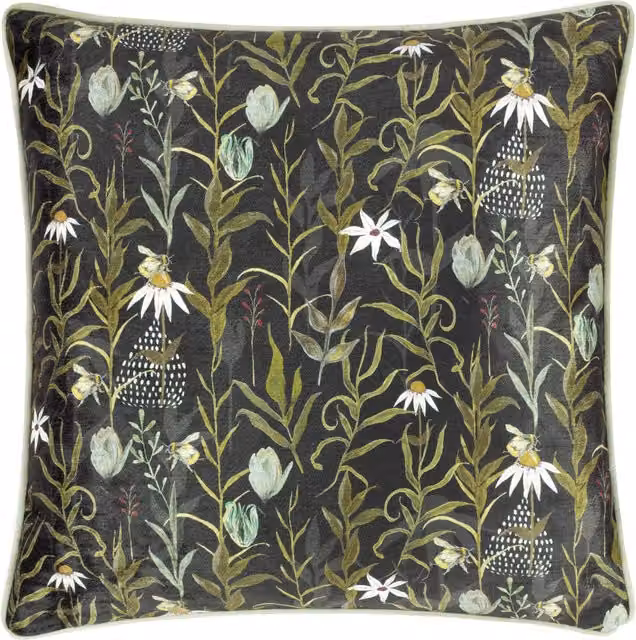 Wylder Nature Meadow Bloom Floral Printed Chenille Square Cushion in Multicolour and Green