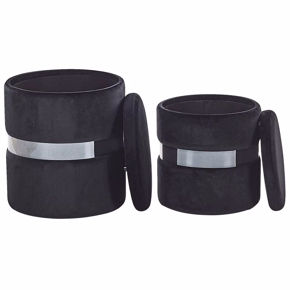 Wyld and Coco Set of 2 Black Velvet Cylindrical Pouffes with Metallic Band – 2
