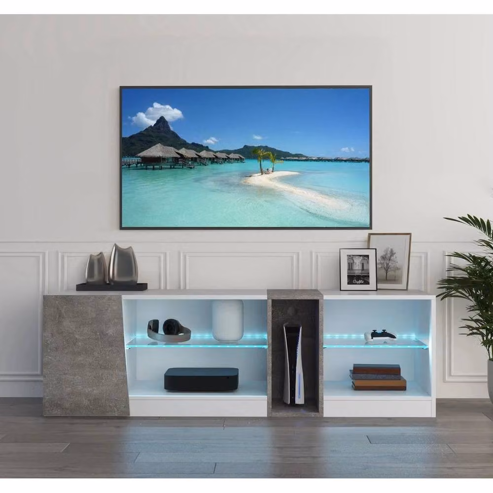 KORVIXA Minimalist White LED TV Cabinet with Integrated Lighting and Glass Details, W: 140 cm, D: 100 cm, H: 100 cm – 3