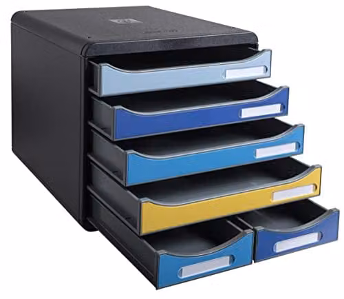 Exacompta BIG-BOX MAXI Document Storage Box in Bee Blue with 4 A4+ Drawers and 2 Small Utensil Drawers, W: 27.8 cm, D: 34.7 cm, H: 27.1 cm – 3