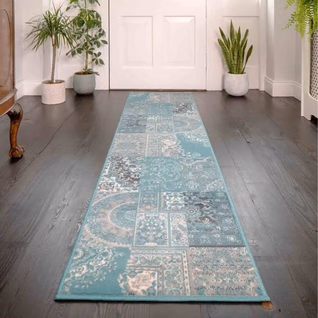 The Rug House Blue Patchwork Boho Living Room Rug W: 240 cm, D: 60 cm