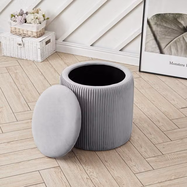 Livingandhome Cylindrical Pleated Velvet Storage Ottoman in Grey