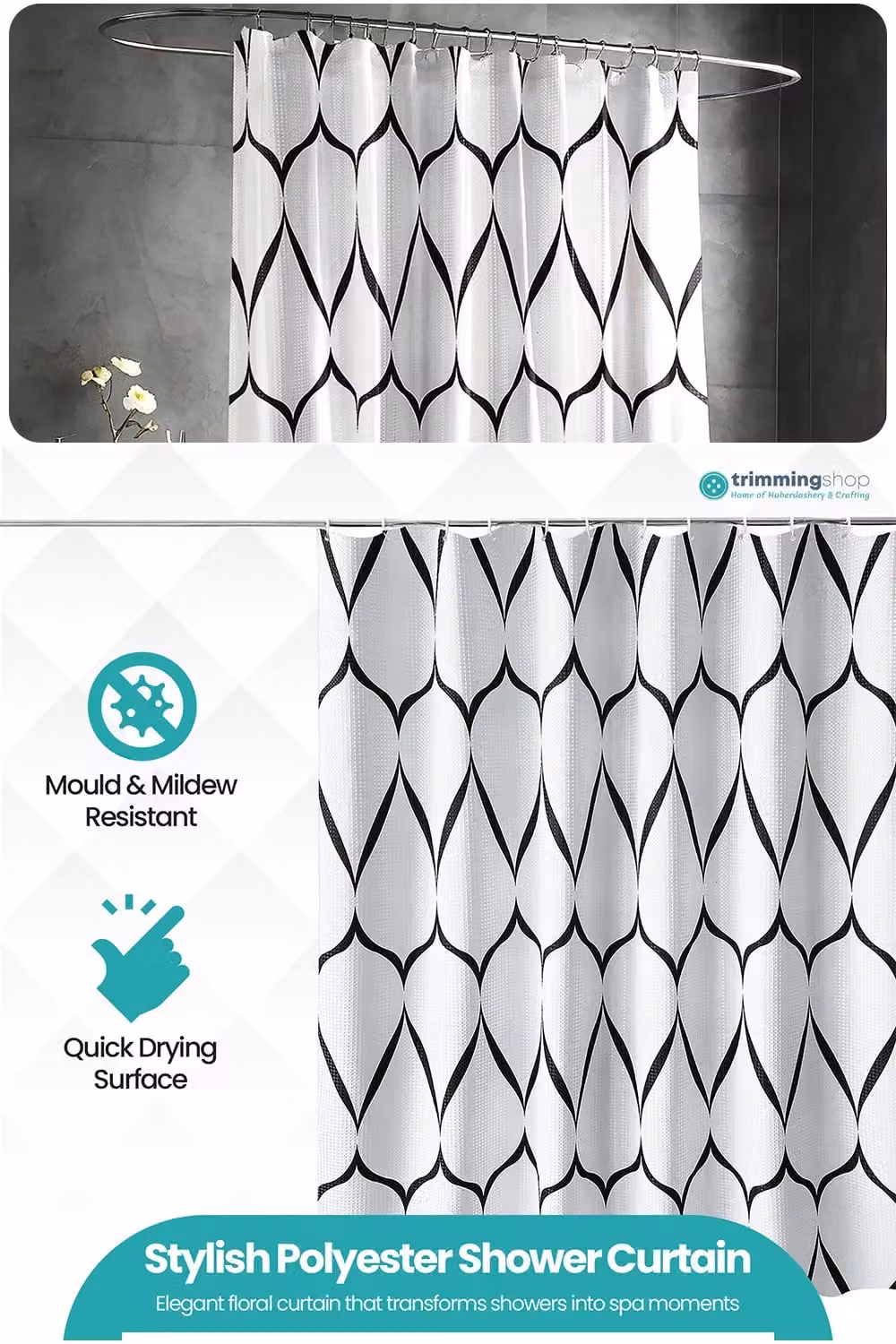 Neel Blue Lattice Design Waterproof Bathroom Shower Curtain in White with Hooks, W: 180 cm, H: 180 cm – 2