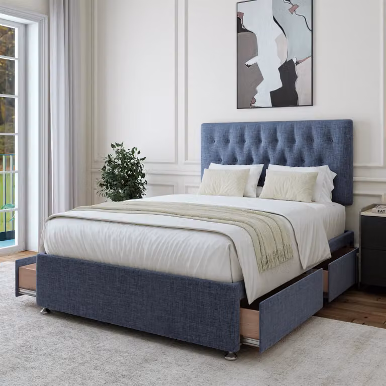 Bedmaster Linen Upholstered 4 Drawer Divan Base and Button Headboard in Black, W/D/H: 140 x 200 cm