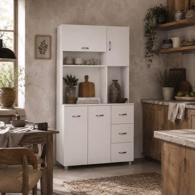 Wyld Haus White Tall Kitchen Cupboard with Doors and Drawers W: 100 cm, D: 39.5 cm, H: 183.5 cm – 1