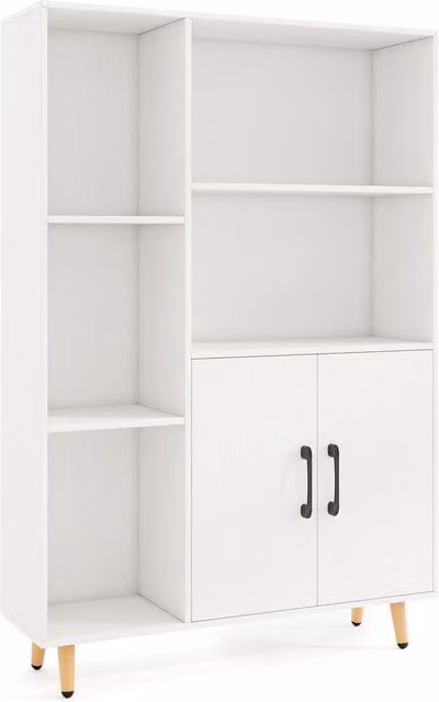 Costway Mid-Century White Metal Bookcase with Double Doors