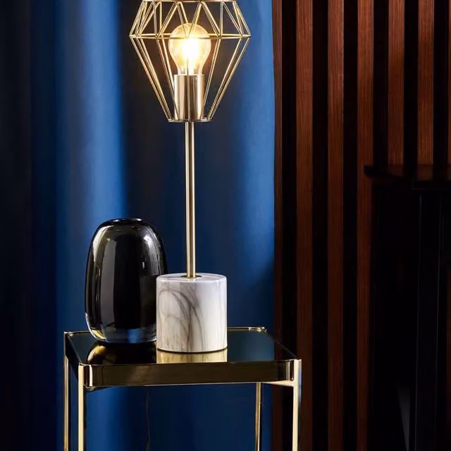 Wyld and Coco Brass Table Lamp with Diamond Cage Shade and Marble-Effect Base in Bronze – 1