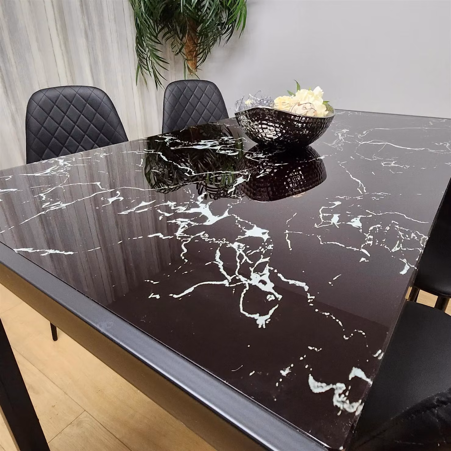 KOSY KOALA Modern Rectangular Marble Glass Dining Table and 4 Diamond Patterned Faux Leather Chairs Set in Brown and Black, W/D/H: 140 x 70 x 75 cm – 4