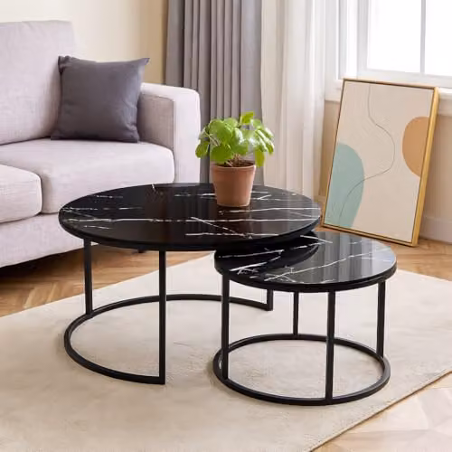 Kosy Koala Set of 2 Round Nest of Tables with Black Glass Tops and Metal Sled Base