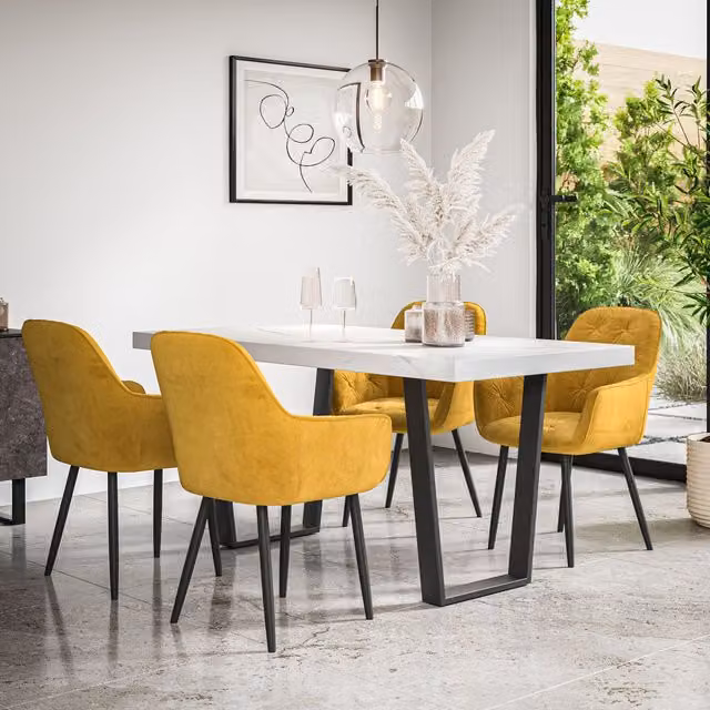 More4Homes Aria Dining Table and Anika Velvet Dining Chair Set, White Marble Effect Table Top with Black Legs and 4 Mustard Yellow Chairs, W/D/H: 160 x 80 x 76 cm