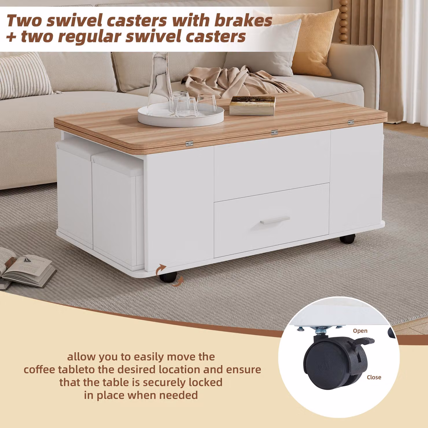 Aosom UK Extendable Coffee Table with Hydraulic Lift and 4 Hidden-Storage Stools, White and Natural, W: 100 cm, D: 50 cm, H: 45 cm – 3