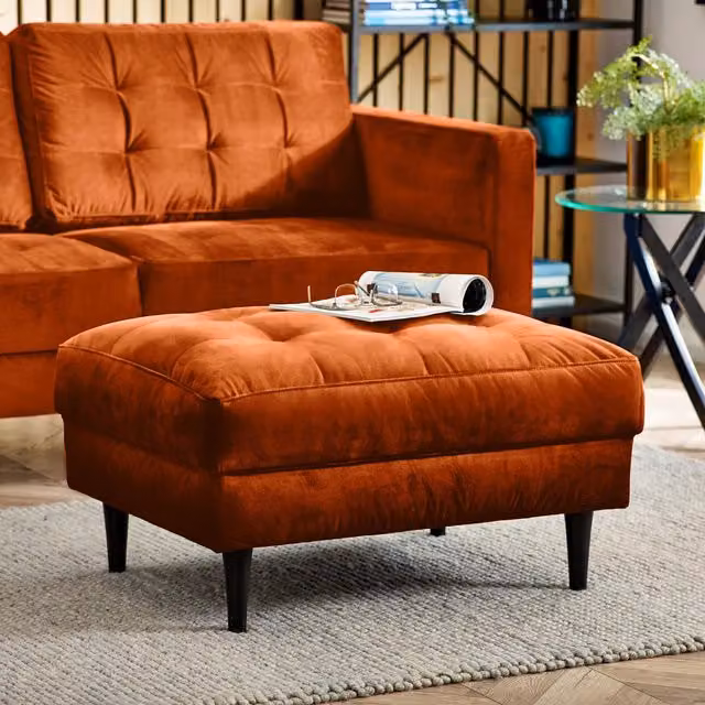 FurnitureboxUK Jade Velvet Chesterfield Footstool in Burnt Orange