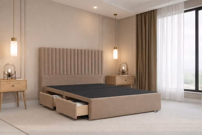 Chester & Oakley Lorenzo Plush Divan Bed Base with 4 Drawers and 54 inch Headboard, Beige Velvet Fabric, W/D/H: 180 x 200 cm