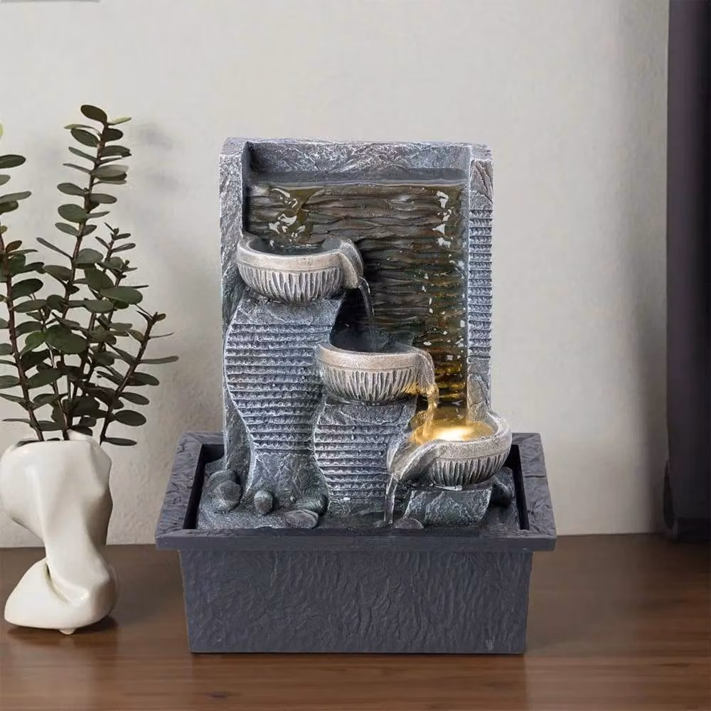 PAWNORA Modern Rectangular Indoor Tabletop Water Fountain with LED Light in Grey – 5
