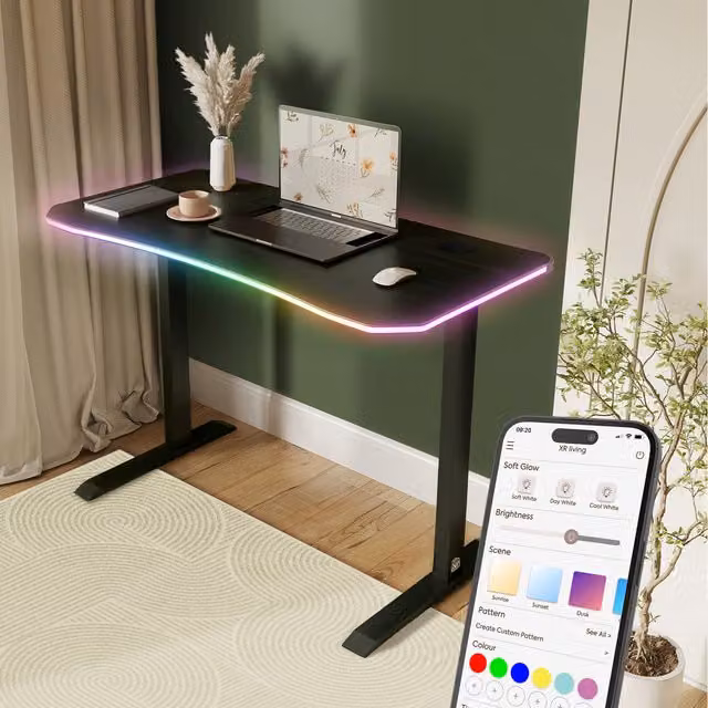XR Living Oka Large Gaming Desk with Wireless Charging and RGB LED Lights in Black