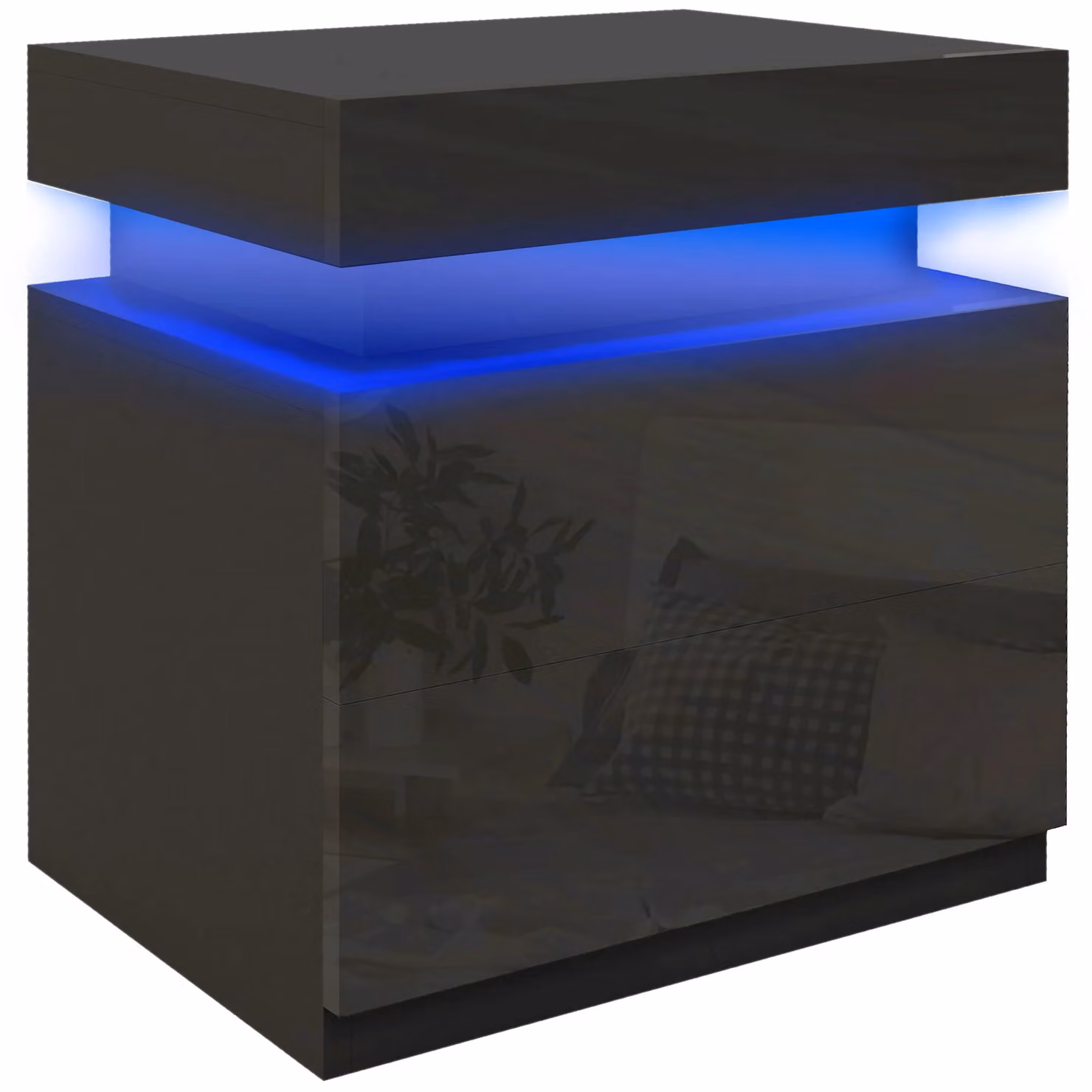 HOMCOM High Gloss Bedside Table with Integrated LED Light and 2 Drawers in Black – 2