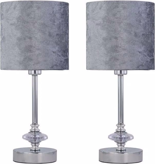 First Choice Lighting Set of 2 Chrome Jewelled Table Lamps with Grey Crushed Velvet Shades in Silver