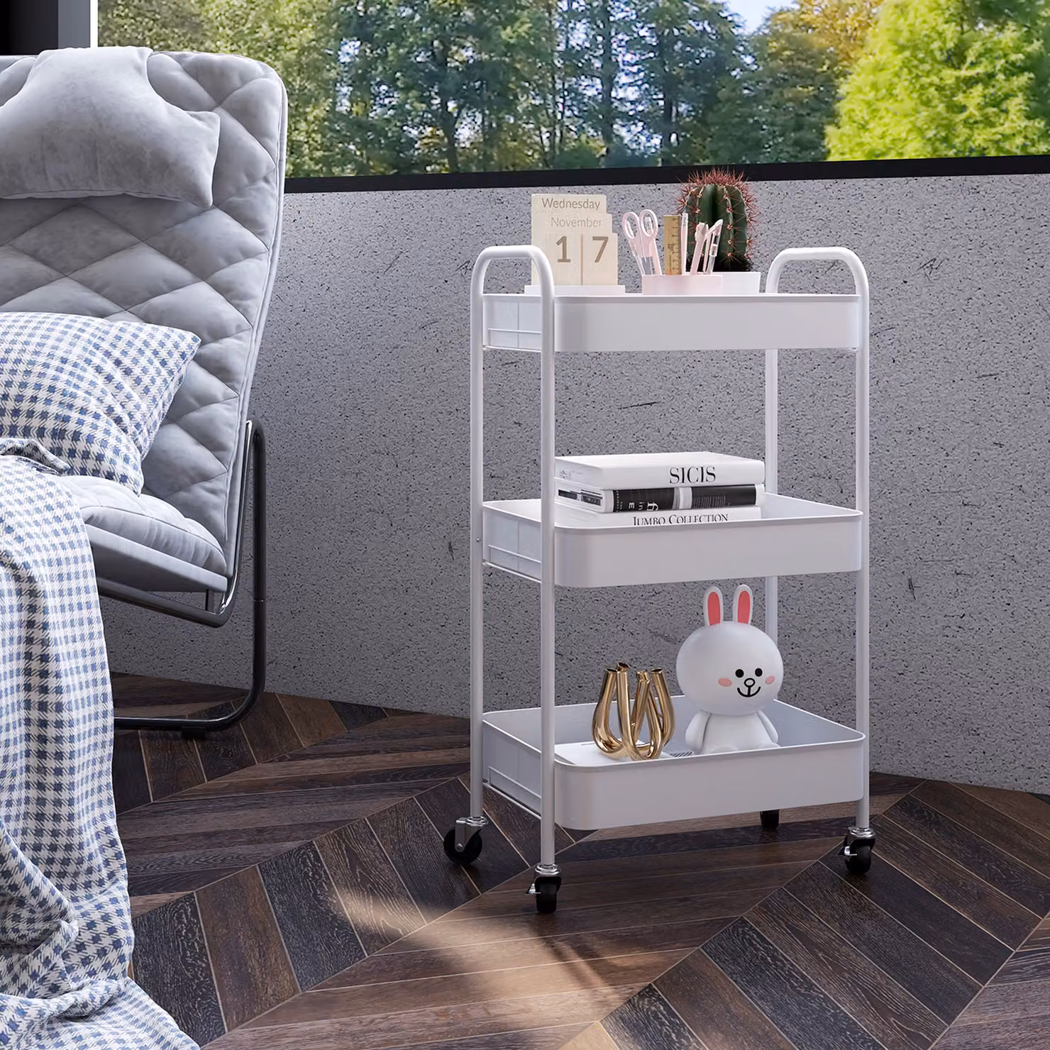 HOMCOM Three-Tier Metal Storage Trolley in White – 2