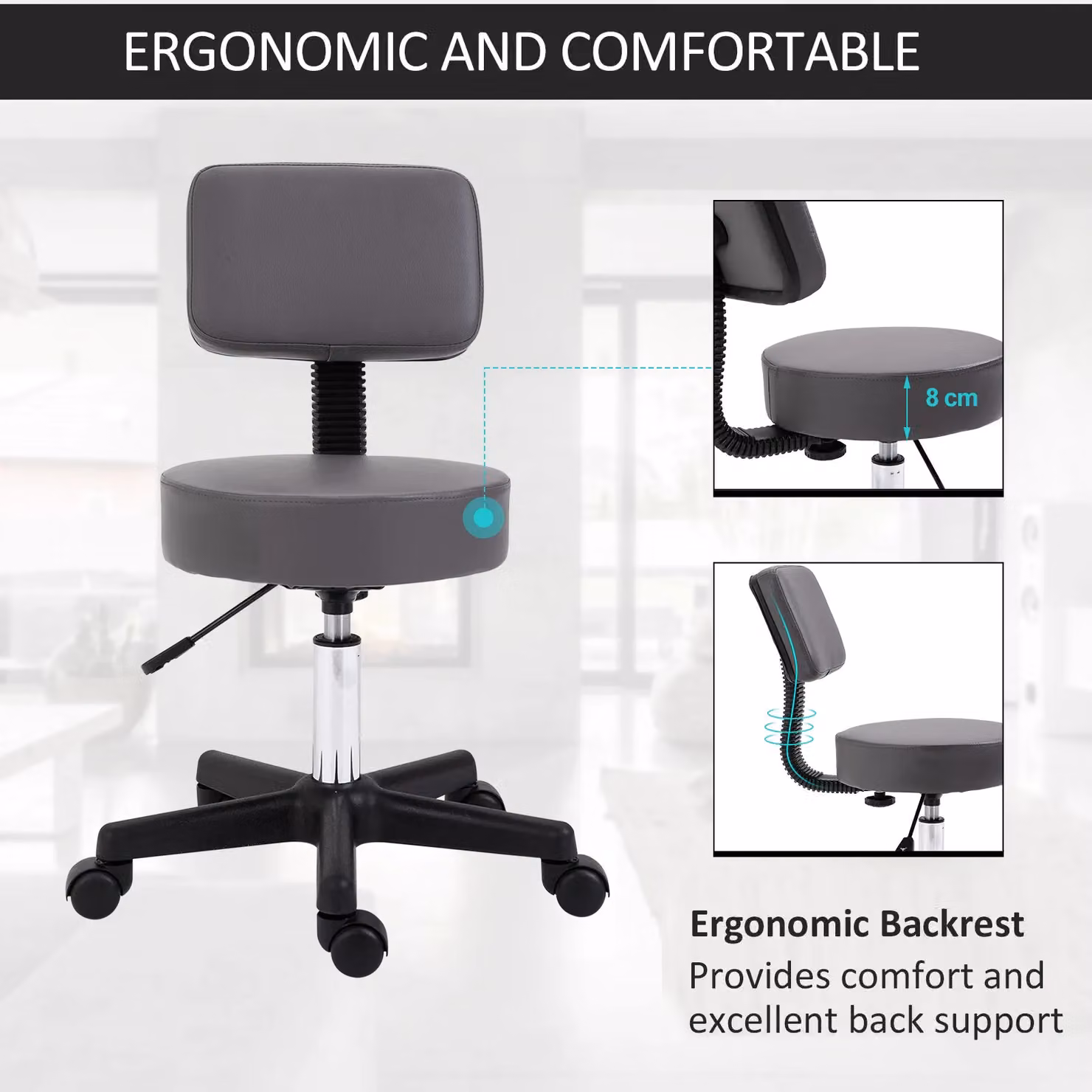 HOMCOM Grey Adjustable Swivel Salon Chair with Padded Synthetic Leather Seat and Castors – 3