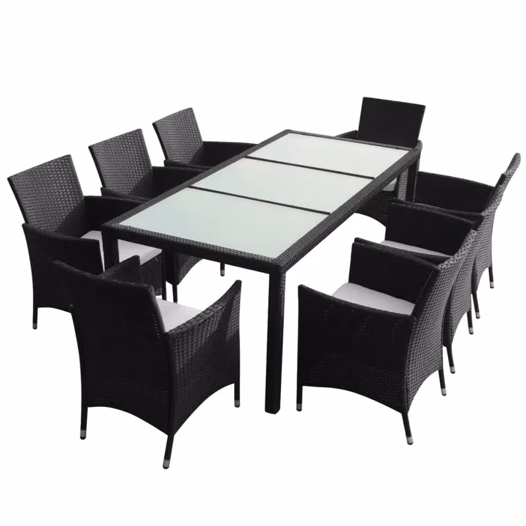 Berkfield Home 9 Piece Poly Rattan Outdoor Dining Set with Cushions and Glass Table in Black – 2