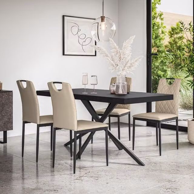More4Homes Donni Dining Table and Monza Faux Leather Chair Set, Black Table with 4 Beige Chairs – 1