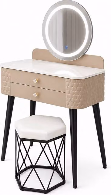 MN Furniture Modern Dressing Table with LED Mirror and Storage Drawer, Beige, W: 60 cm, D: 40 cm, H: 127 cm