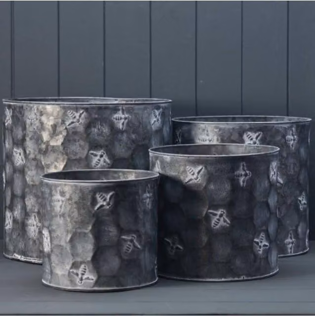 KDMD Set of Four Grey Vintage Cylinder Bee Metal Planters with Floral Rustic Design