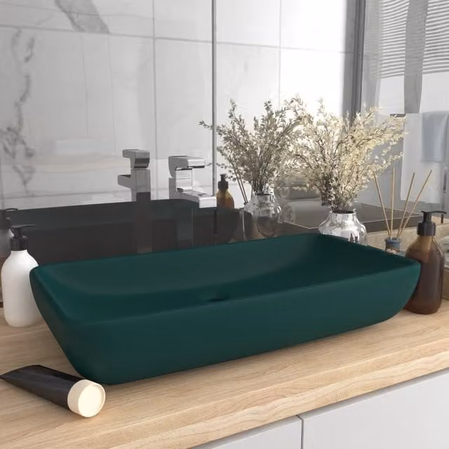Berkfield Home Luxury Rectangular Ceramic Countertop Basin in Matt Dark Green, W: 71 cm, D: 38 cm, H: 13.5 cm – 1