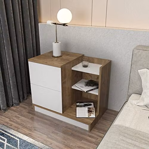 DECOROTIKA Rena Modern Wide Bedside Table with Drawer in White and Brown
