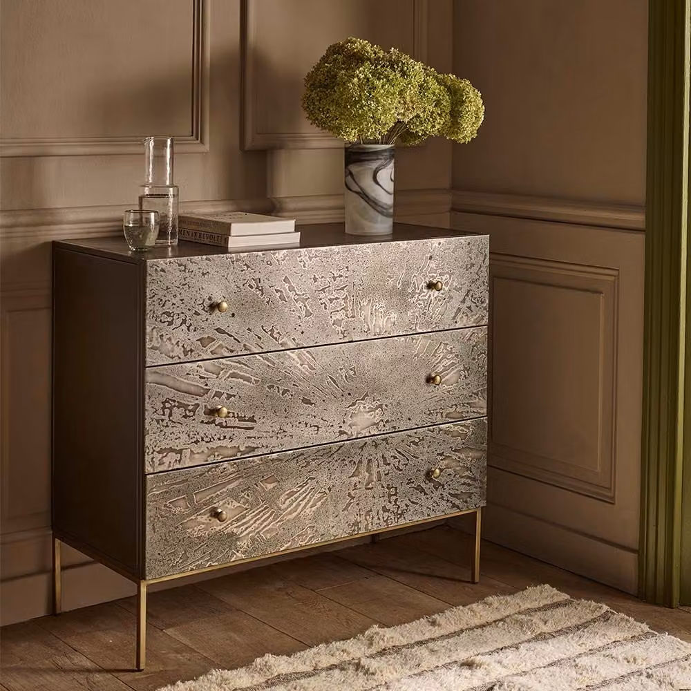 Atkin & Thyme Zenith Industrial Chest Of Drawers in Grey and Gold with Metal Accents, W/D/H: 90.5 x 45 x 100 cm