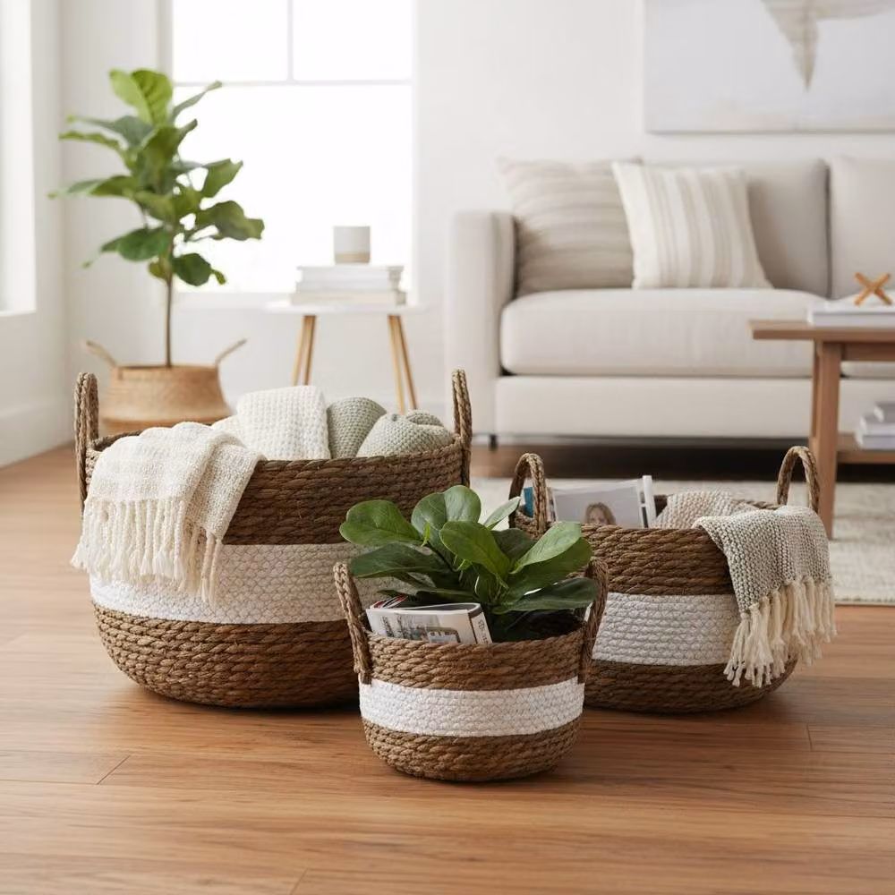 Four Candle Set of 3 White and Natural Seagrass Open Weave Stackable Storage Baskets – 2