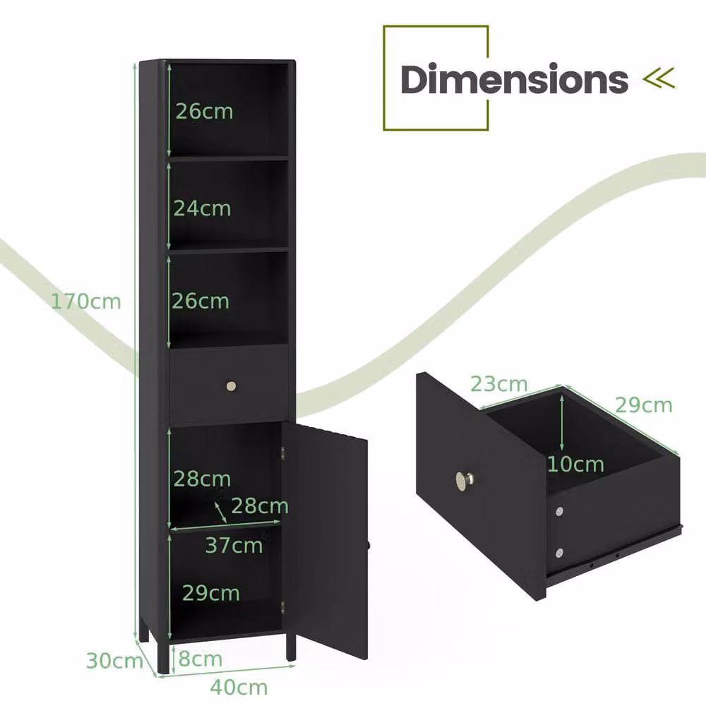 Costway Black Wooden Narrow Bathroom Floor Cabinet with Drawer and Shelves, Height: 170 cm, Width: 30 cm, Depth: 40 cm – 3