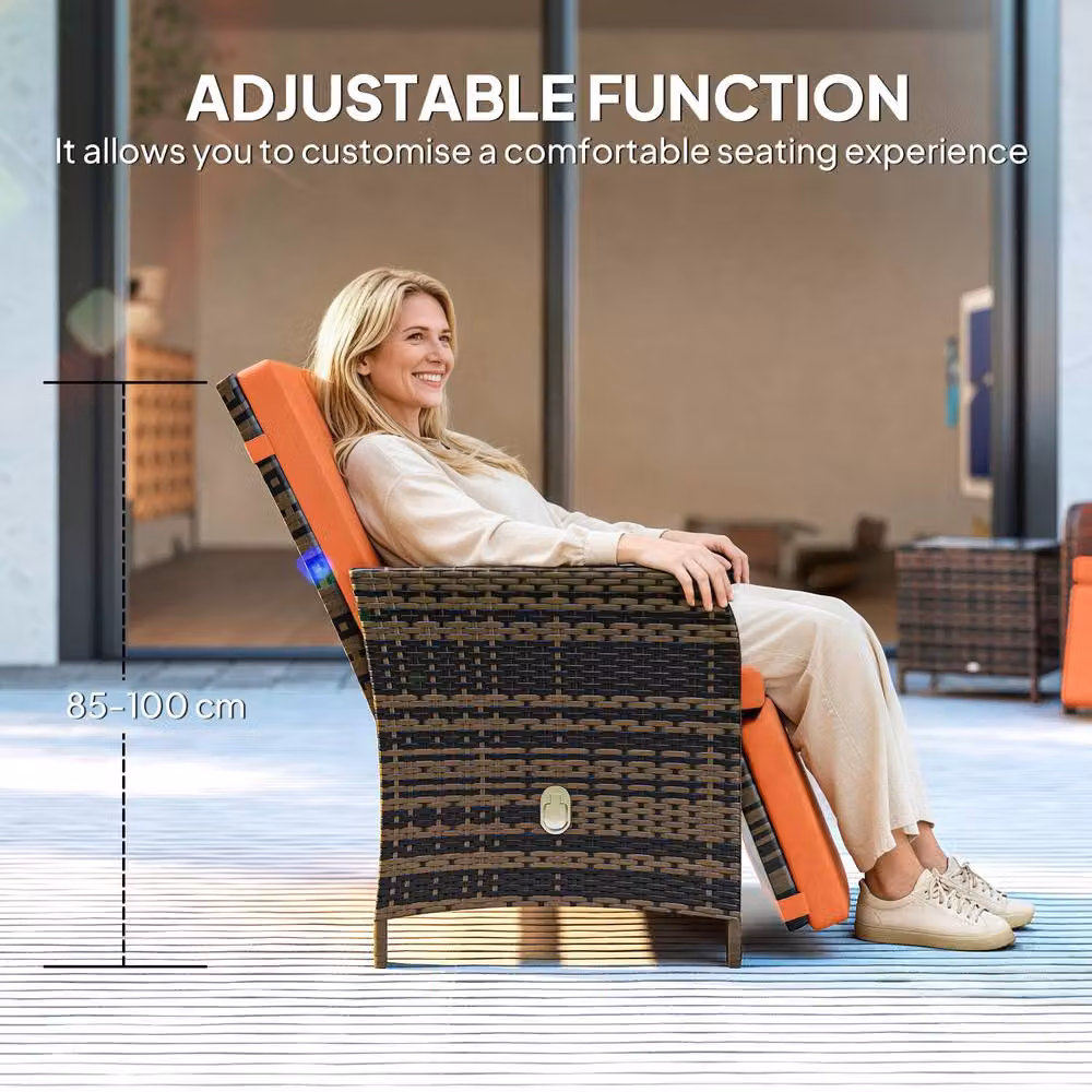 Outsunny 3 Piece Rattan Garden Bistro Set with Adjustable Backrests in Orange – 9