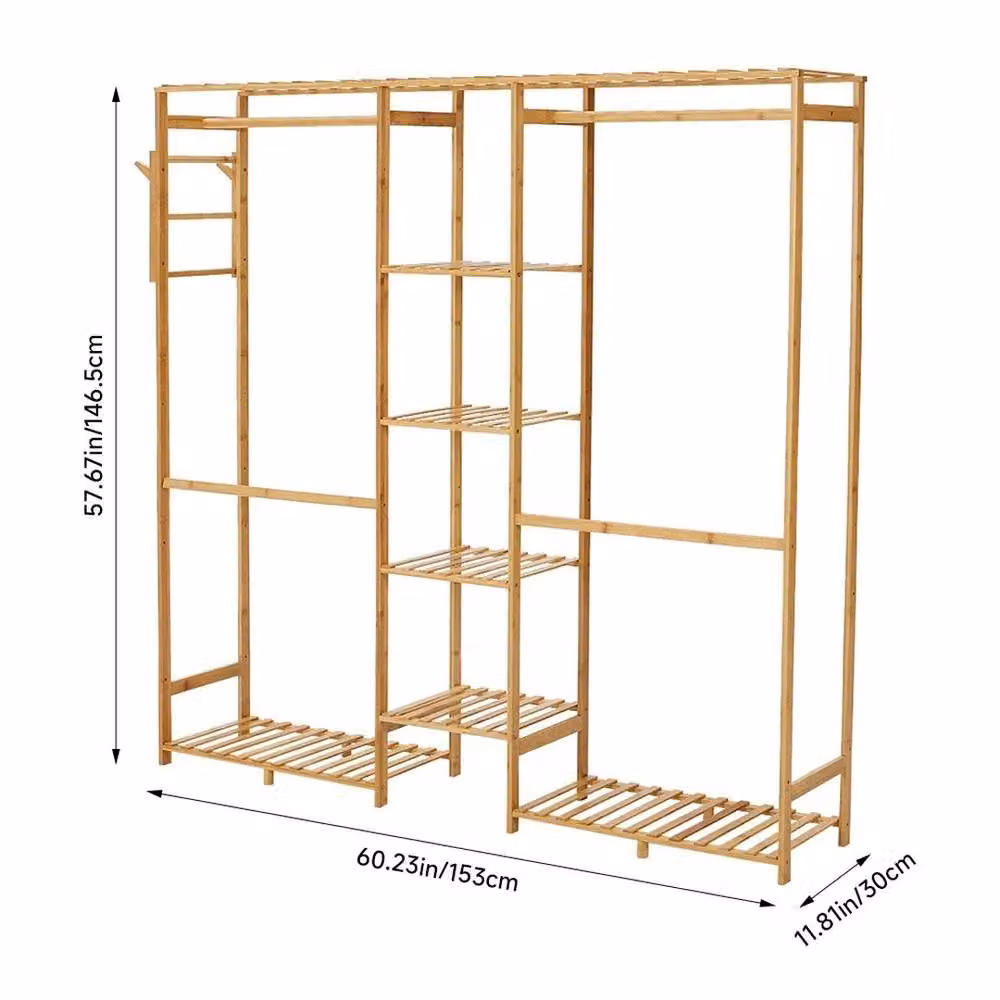 EONLION Natural Wooden Clothes Rail Rack and Wardrobe in Sand and Brown, W/D/H: 153 x 30 x 146.5 cm – 2